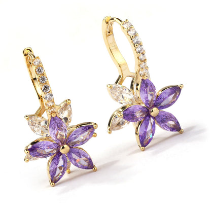 紫の水晶花ジルコニアシンプル デザイン リングピアス レディース フープシンプルデザイン人気 金属アレルギー対応可愛い ピアス 18金つけっぱなし ゆれる