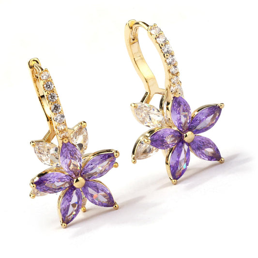 紫の水晶花ジルコニアシンプル デザイン リングピアス レディース フープシンプルデザイン人気 金属アレルギー対応可愛い ピアス 18金つけっぱなし ゆれる