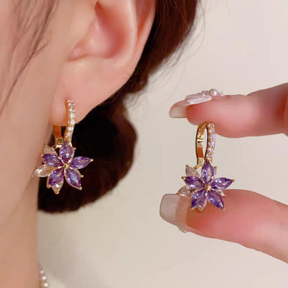 紫の水晶花ジルコニアシンプル デザイン リングピアス レディース フープシンプルデザイン人気 金属アレルギー対応可愛い ピアス 18金つけっぱなし ゆれる