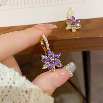 紫の水晶花ジルコニアシンプル デザイン リングピアス レディース フープシンプルデザイン人気 金属アレルギー対応可愛い ピアス 18金つけっぱなし ゆれる